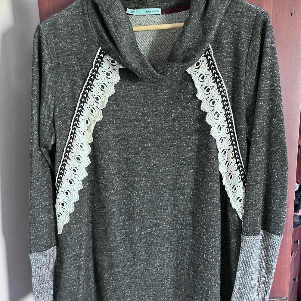 Maurices Charcoal Cowl Neck Top with Lace Accents